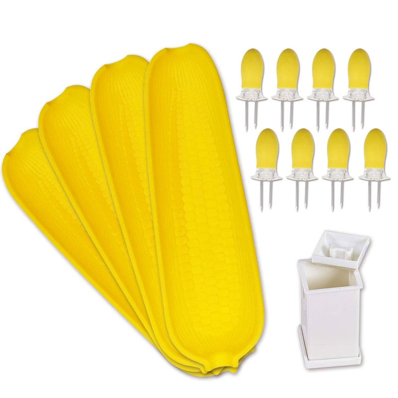 Recoil Corn Cob Holders Skewers BBQ Twin Prong Holders, Corn Dishes and Butter Spreader Set Kits, Includes 8 Corn Cob Holders, 4 Corn Dishes and Butter Spreader - Image 1